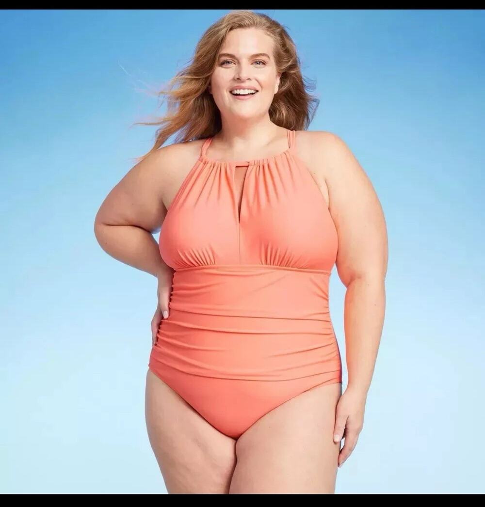 Kona Sol Women's High Neck Halter One Piece Swimsuit Tummy Control Coral Size 22